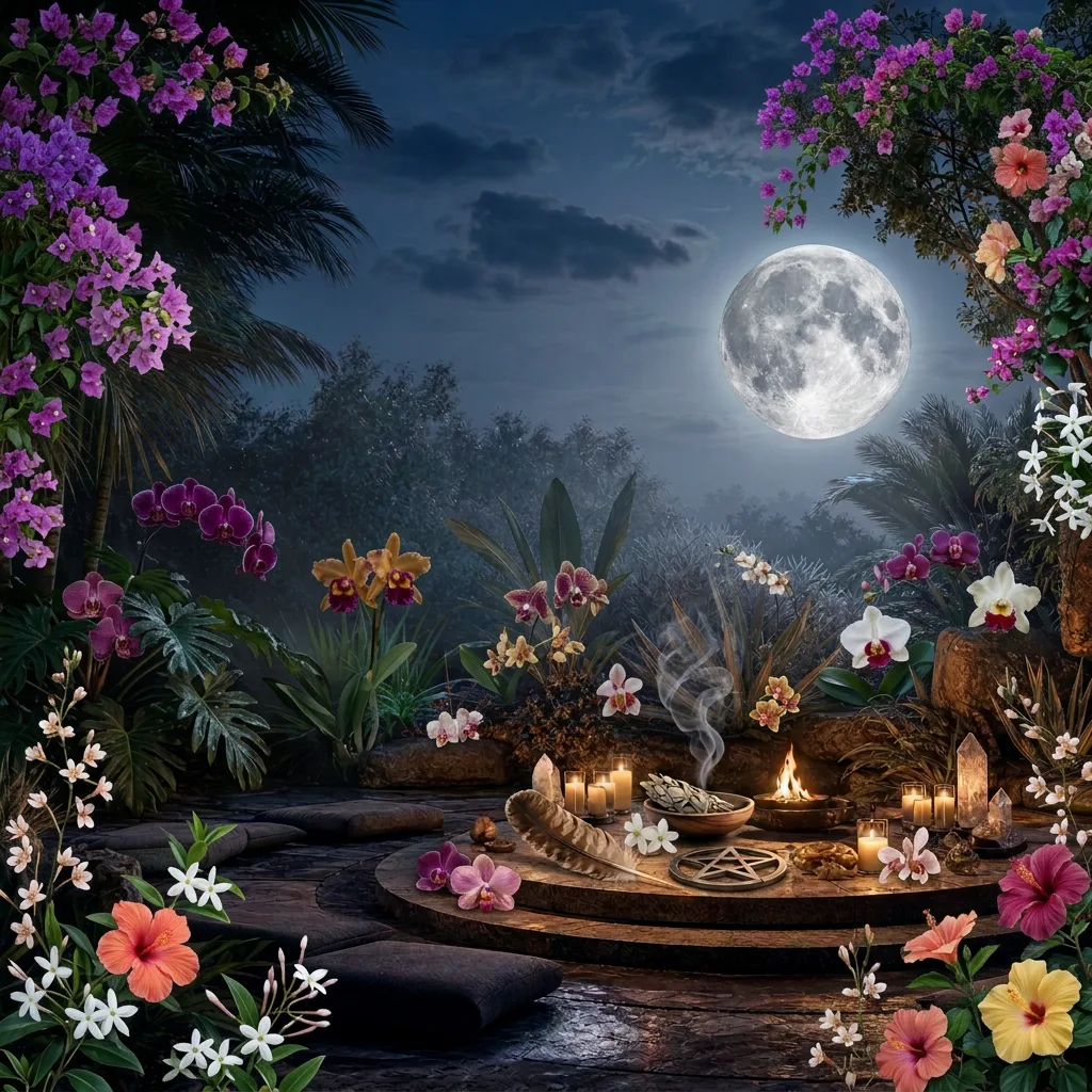 Realistic moonlit tropical garden filled with fresh wildflowers, a feather, sage bowl, and pentagram on a ritual altar